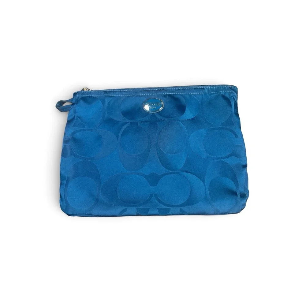 Coach Signature Logo Weekender Getaway Nylon Snap Pouch Teal Wristlet 10x8